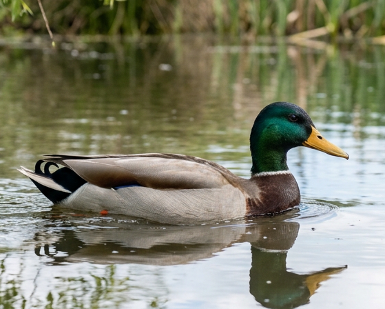 Male mallard duck swimming on a pond with green vegetation reflected in the water